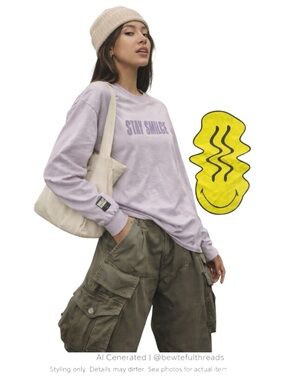Y2K Smiley Graphic Long Sleeve Tee Oversized Streetwear Lilac L